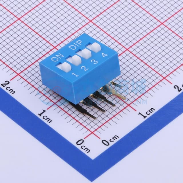 拨码开关蓝色04P-90度 间距2.54mm 立式侧插侧拨4位DIP 【拨码】实物图