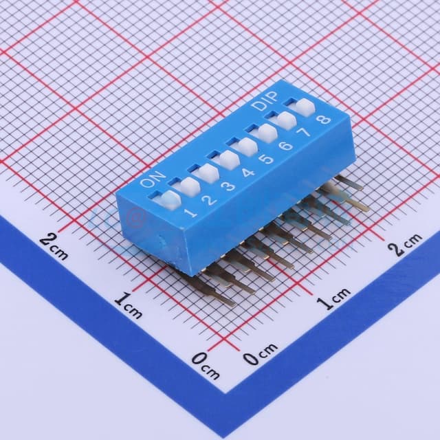 拨码开关蓝色08P-90度 间距2.54mm 立式侧插侧拨8位DIP 【插件】实物图