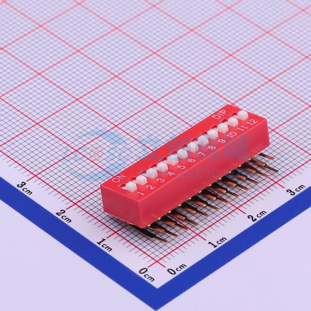 拨码开关红色12P-90度插脚4PIN间距2.54mm立式侧插侧拨12位DIP 【插件】实物图