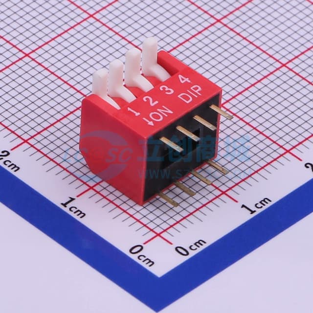 拨码开关红色04P-180度4PIN间距2.54mm立式直插侧拨琴键式4位DIP 【拨码】实物图
