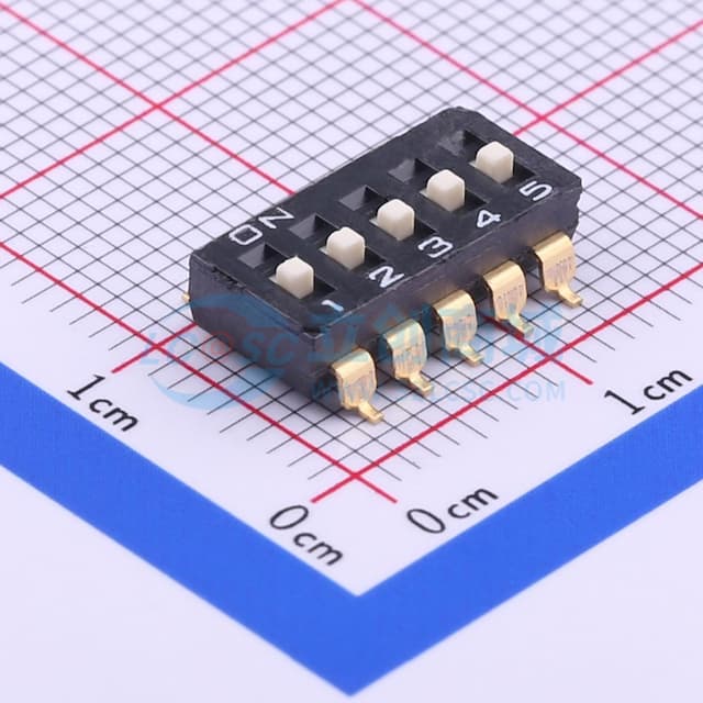 间距2.54mm 平拨,凸起式 5位拨码开关实物图