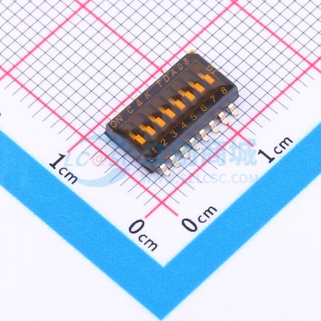 间距1.27mm 平拨,凹槽式 8位拨码开关实物图