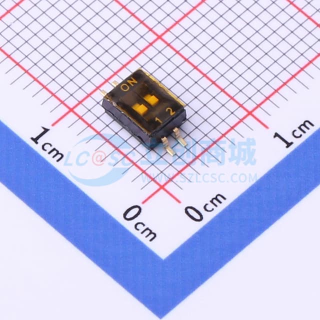 间距1.27mm 平拨,凹槽式 2位拨码开关实物图