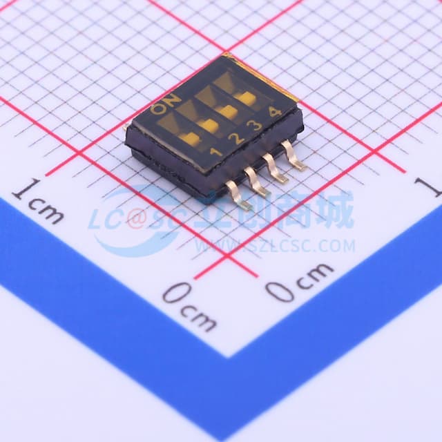 间距1.27mm 平拨,凹槽式 4位拨码开关实物图