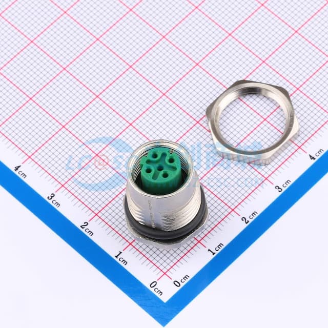 2件套 M12 插座，母头，PCB 安装，面板后部实物图