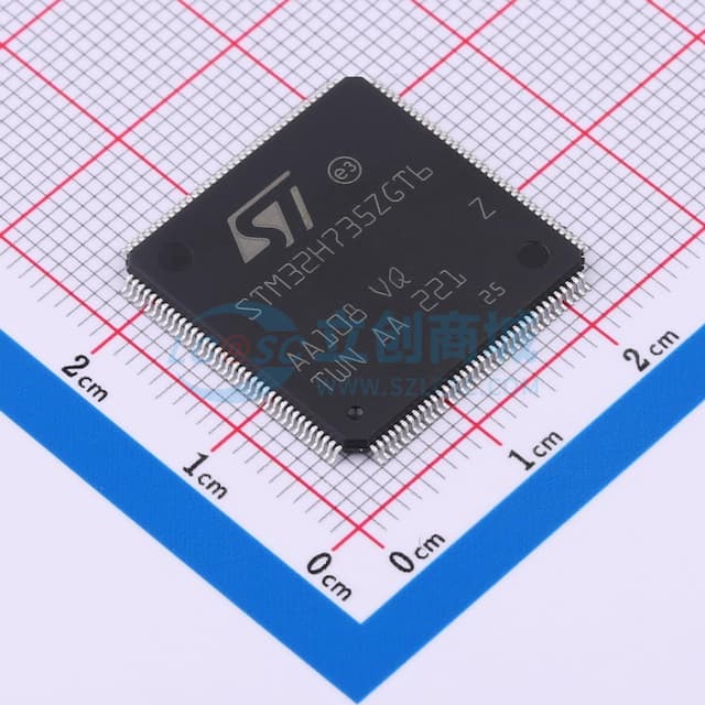 高性能和带 DP-FPU 的 DSP、配备 1 MByte 闪存和 564 KBytes RAM 的 Arm Cortex-M7 微控制器、550 MHz CPU、L1 缓存、外部内存接口、SMPS、包括加密加速器在内的外围设备子集实物图