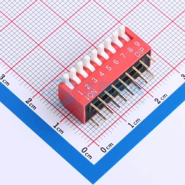 2.54mm间距 9位 琴键式 直插侧拨长柄 红色 拨码开关实物图