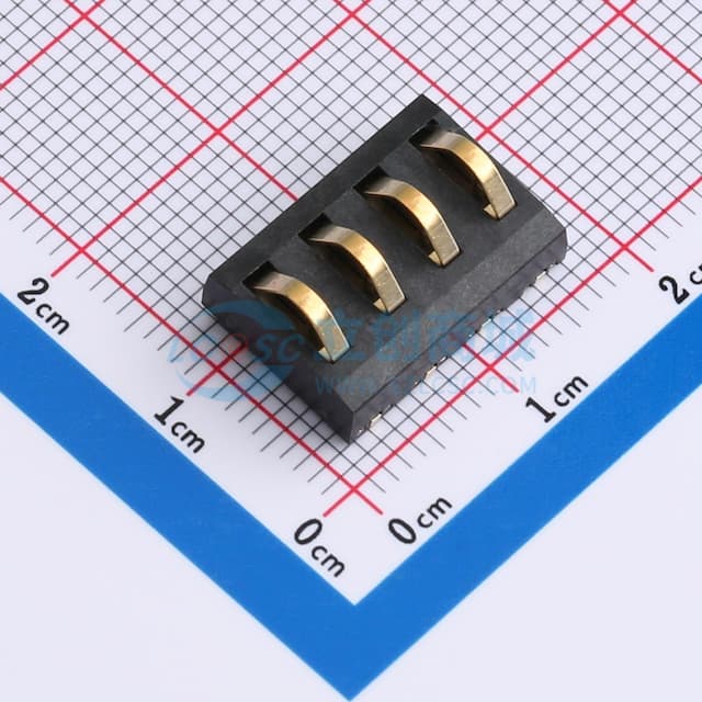 4.0间距 立式弹片电池连接器4.0mm-4P 垫高镀金5U实物图