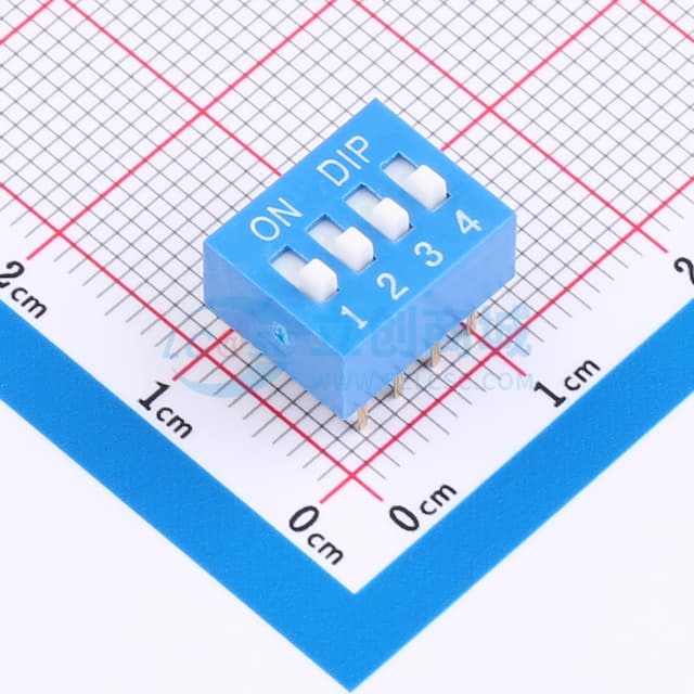 拨码开关蓝色04P-180度 间距2.54mm 立式直插正拨平拨4位DIP 【拨码】实物图