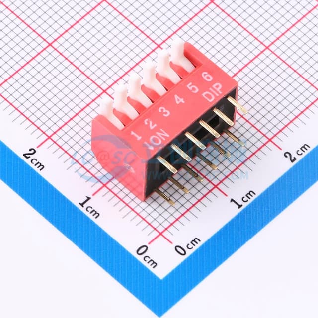 拨码开关红色06P-180度6PIN间距2.54mm立式直插侧拨琴键式6位DIP 【拨码】实物图
