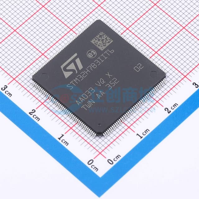 高性能和带 DP-FPU 的 DSP、配备 2 MB 闪存、1376 KB SRAM、280 MHz CPU、L1 缓存、图形加速、外部内存接口和大量外围设备的 Arm Cortex-M7 微控制器实物图